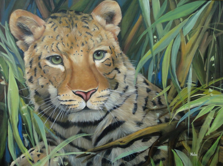 Painting titled "Leopardo das Neves" by Malou Pombo, Original Artwork, Oil