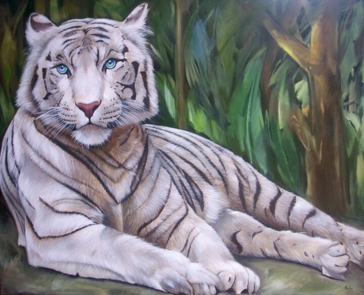 Painting titled "Tigre Branco" by Malou Pombo, Original Artwork, Oil