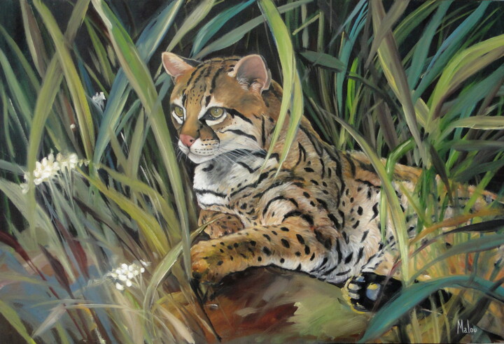 Painting titled "Jaguatirica" by Malou Pombo, Original Artwork, Oil