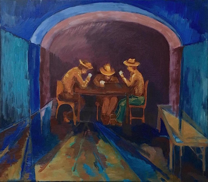 Malerei mit dem Titel "Na Taberna (Jogador…" von Malu Ribeiro, Original-Kunstwerk, Acryl