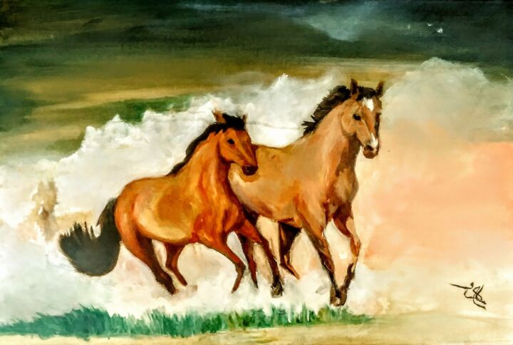 Painting titled "freedom horses" by Mamado Art, Original Artwork, Oil