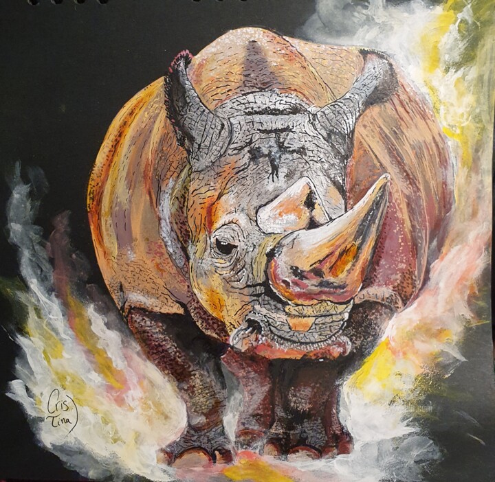 Dessin intitulée "Totem Rhinocéros" par Maman Aigle, Œuvre d'art originale, Marqueur