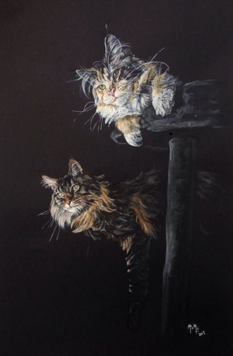 Painting titled "Cat Family" by Mamé Ríos, Original Artwork, Acrylic