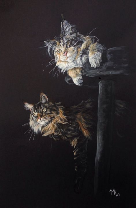 Painting titled "Cat Family" by Mamé Ríos, Original Art, Acrylic
