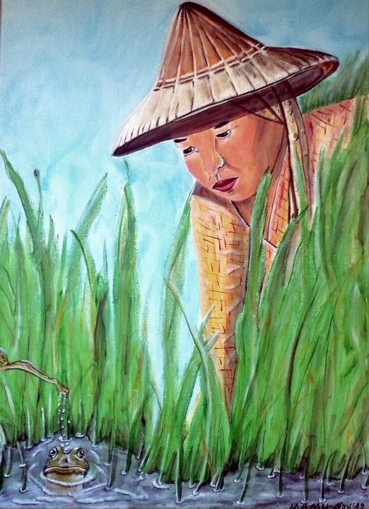 Malerei mit dem Titel "Im Reisfeld" von Mamu, Original-Kunstwerk, Öl