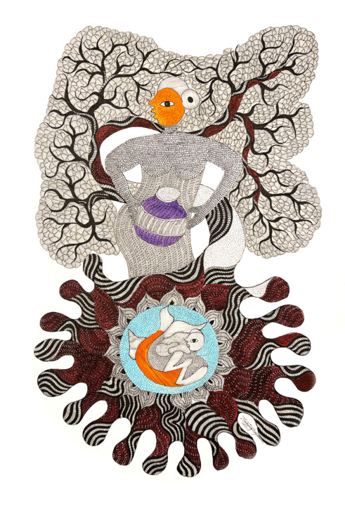 Картина под названием "mother tree" - Man Singh Durga Bai Vyam, Подлинное произведение искусства, Акрил