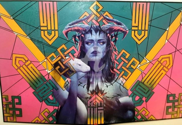 Collages titled "Divinity of snake" by Drakman Kut Kut, Original Artwork, Spray paint