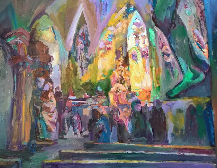 Картина под названием "In a Catholic church" - Romantic, Подлинное произведение искусства, Масло