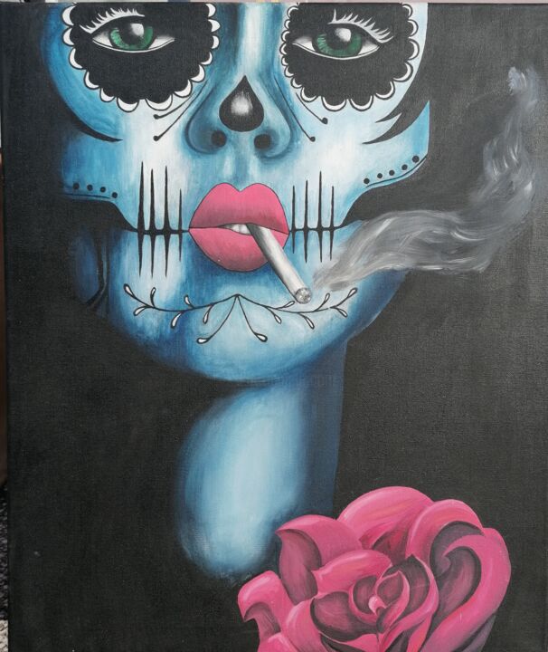 Картина под названием "Smoking Skull Woman" - Mandy Jacob, Подлинное произведение искусства, Акрил