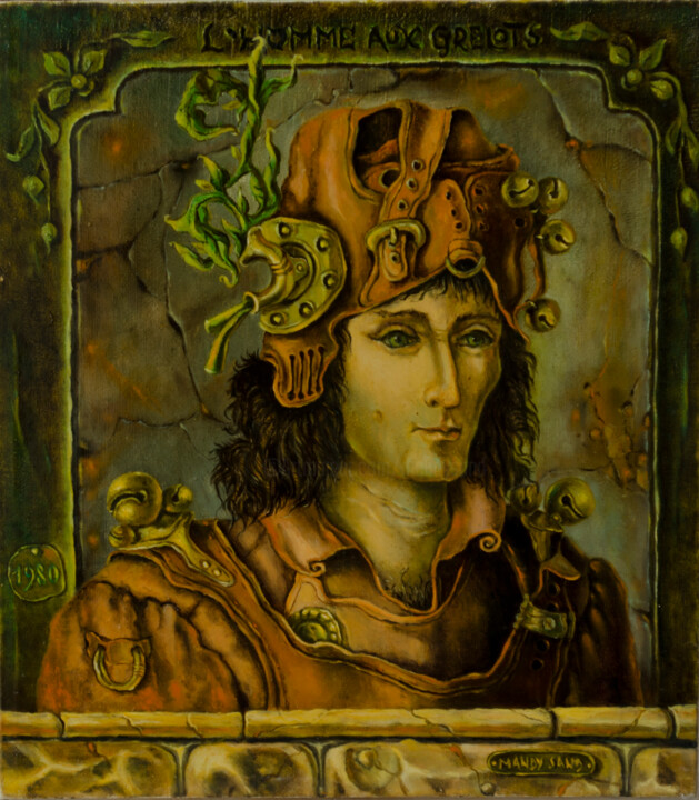 Painting titled "Man with Bells" by Mandy Sand, Original Artwork, Oil