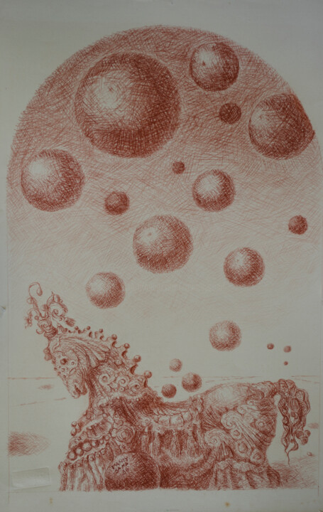 Zeichnungen mit dem Titel "Horse with Balls" von Mandy Sand, Original-Kunstwerk, Bleistift