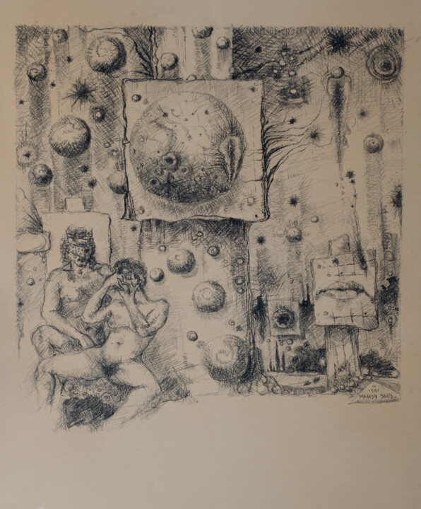 Drawing titled "Couple with balloons" by Mandy Sand, Original Artwork, Charcoal