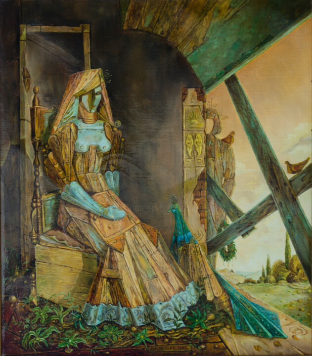 Schilderij getiteld "Siting woman with p…" door Mandy Sand, Origineel Kunstwerk, Olie