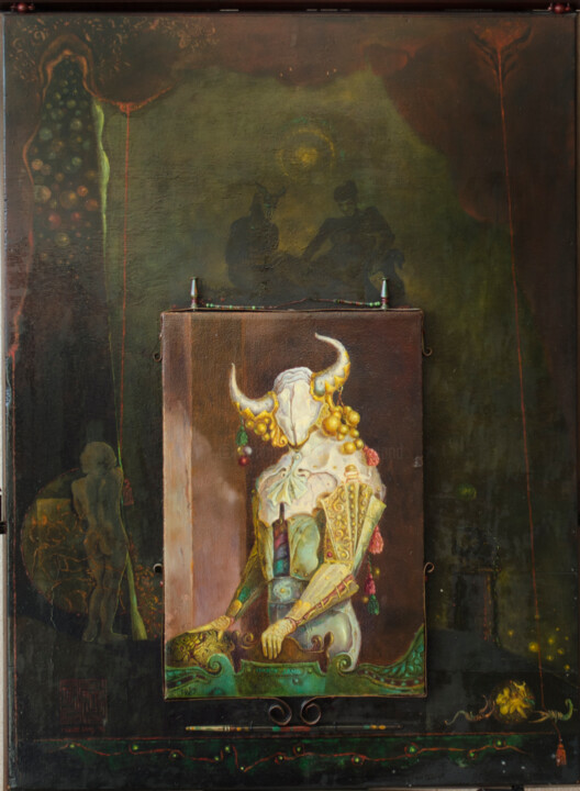 Painting titled "Bull head Man" by Mandy Sand, Original Artwork, Oil