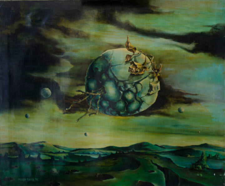 Painting titled "Green UFO" by Mandy Sand, Original Artwork, Oil