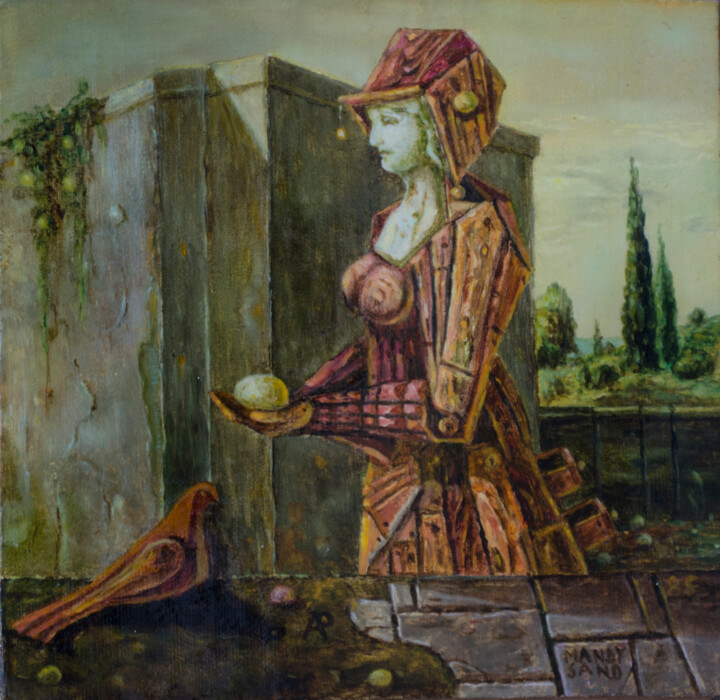 Malerei mit dem Titel "Wooden Woman holdin…" von Mandy Sand, Original-Kunstwerk, Öl