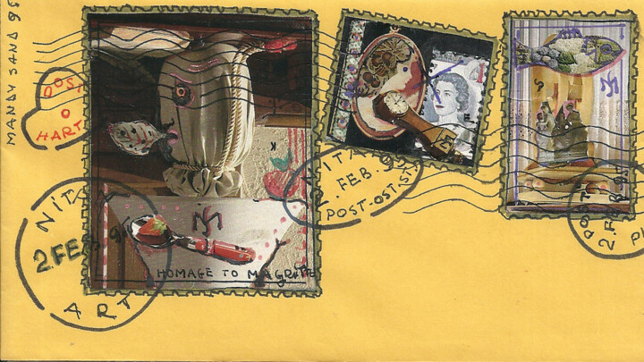 Rysunek zatytułowany „Envelop and stamps” autorstwa Mandy Sand, Oryginalna praca, Atrament