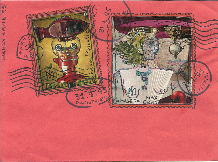 Drawing titled "Envelop and stamps…" by Mandy Sand, Original Artwork, Ink