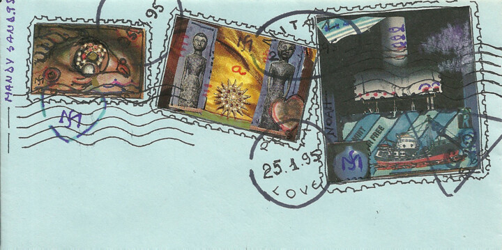 Disegno intitolato "Envelop and stamps…" da Mandy Sand, Opera d'arte originale, Inchiostro