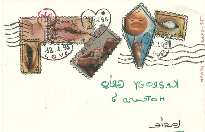Drawing titled "Envelop and stamps…" by Mandy Sand, Original Artwork, Ink