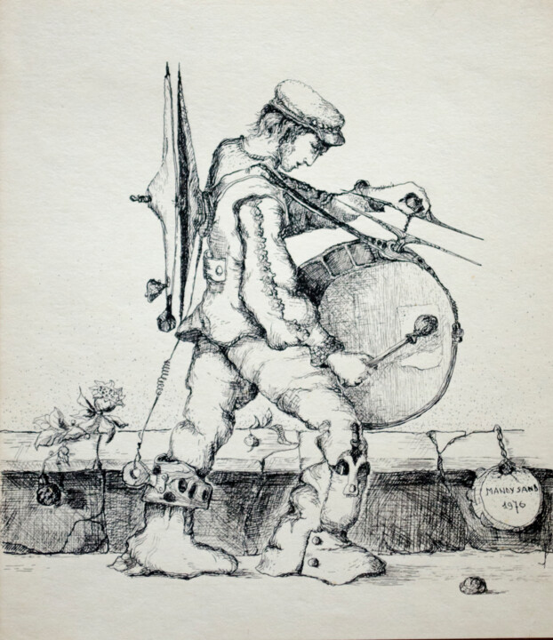 Drawing titled "Drummer-1" by Mandy Sand, Original Artwork, Pencil