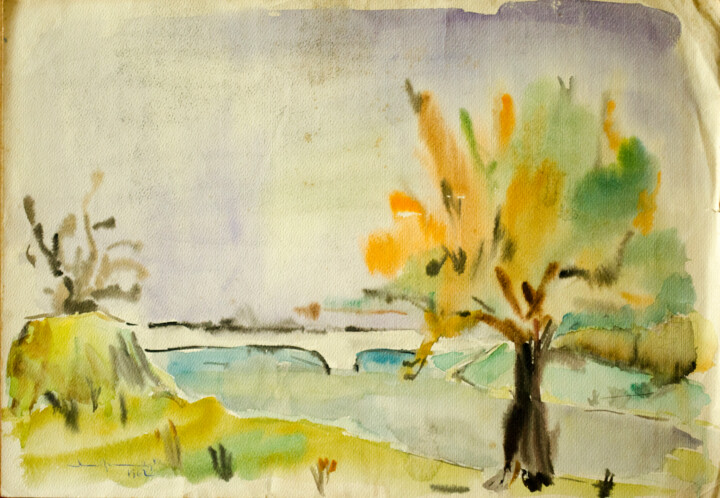 Malerei mit dem Titel "Autumn Landscape" von Mandy Sand, Original-Kunstwerk, Aquarell