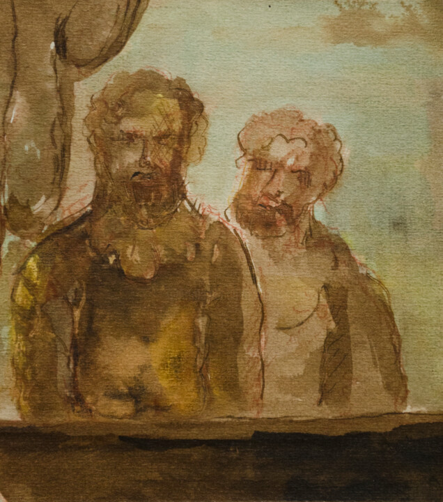 Painting titled "Two Men" by Mandy Sand, Original Artwork, Watercolor