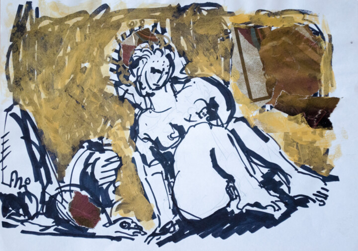 Malarstwo zatytułowany „Nude sitting on a g…” autorstwa Mandy Sand, Oryginalna praca, Akwarela