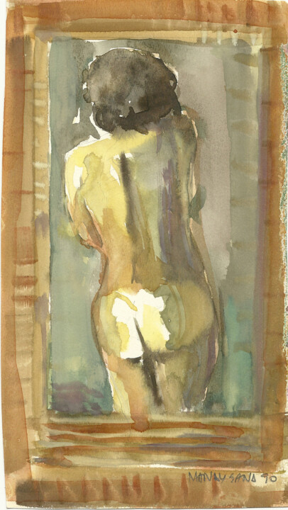 Painting titled "Nude's Back-1" by Mandy Sand, Original Artwork, Watercolor
