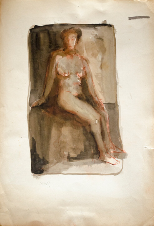 Painting titled "Sitting Nude 6" by Mandy Sand, Original Artwork, Watercolor