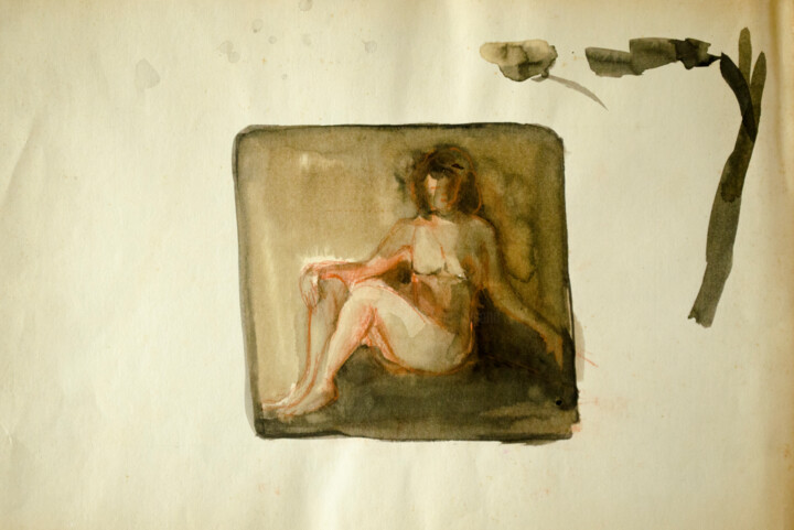 Painting titled "Sitting Nude Aquare…" by Mandy Sand, Original Artwork, Watercolor
