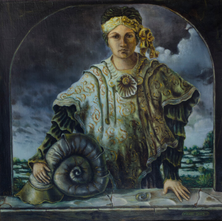 Painting titled "Agnes with odd snail" by Mandy Sand, Original Artwork, Oil