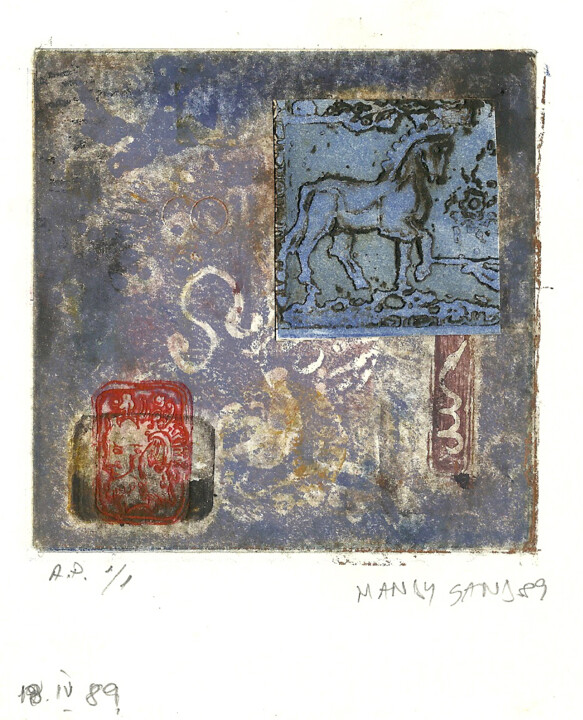 Printmaking titled "Blue Foal with sign…" by Mandy Sand, Original Artwork, Engraving