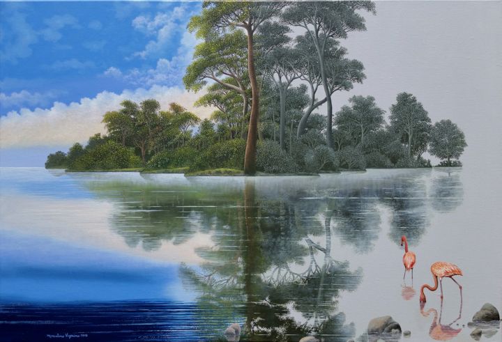 Pintura titulada "Lagoon 1, from gray…" por Marcelino Vizcaino, Obra de arte original, Acrílico