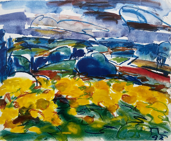 Painting titled "Sunflower field at…" by Manfred Luz, Original Artwork, Watercolor