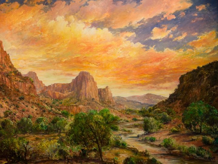 Painting titled "Setting Sun" by Manfred Rapp, Original Artwork, Oil