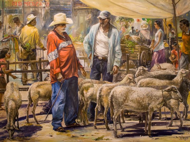 Pittura intitolato "Sheep Market, Mexico" da Manfred Rapp, Opera d'arte originale, Olio