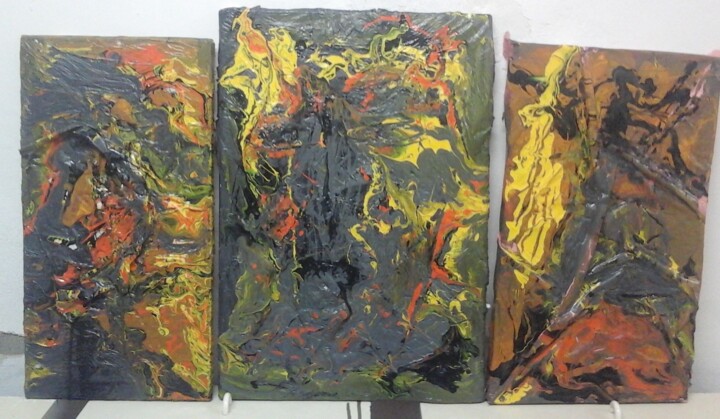 Painting titled "3x1 l'avanzata del…" by Mangani', Original Artwork, Enamel Mounted on Wood Panel