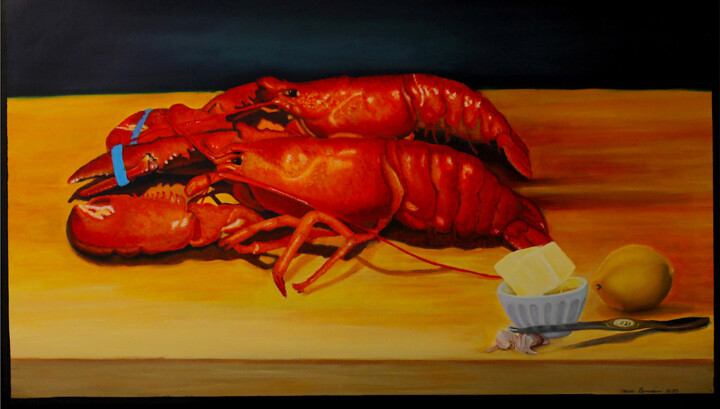 Painting titled "Homards pour dîner" by Manon Germain, Original Artwork, Oil Mounted on Other rigid panel