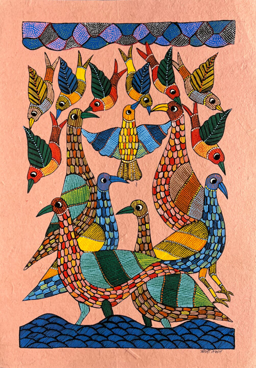 Schilderij getiteld "Bird 2" door Mangli Tekam, Origineel Kunstwerk, Acryl