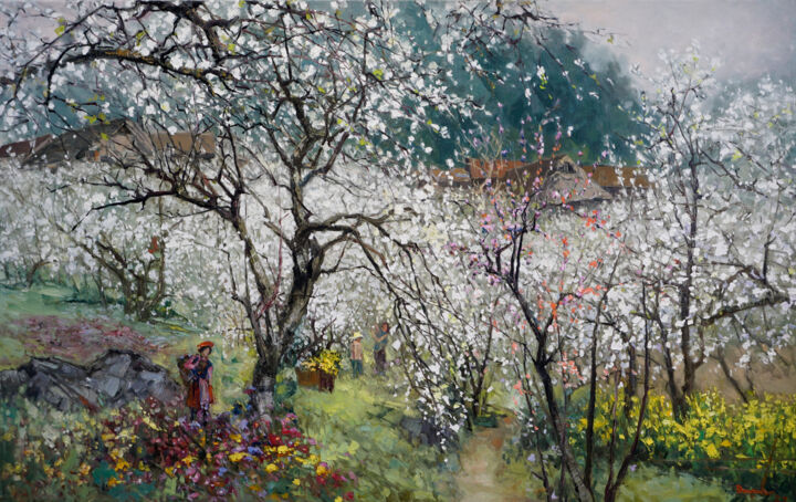 Painting titled "Spring season" by Mạnh Lâm, Original Artwork, Oil Mounted on Wood Stretcher frame