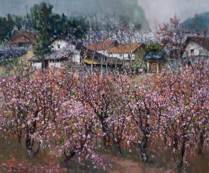 Painting titled "Moc Chau Spring II" by Mạnh Lâm, Original Artwork, Oil Mounted on Wood Stretcher frame