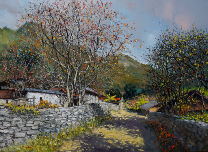Painting titled "Autumn sunshine." by Mạnh Lâm, Original Artwork, Oil Mounted on Wood Stretcher frame