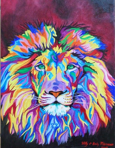 Painting titled "lion-multicolore" by Willy Et Emily Marceau, Original Artwork, Oil