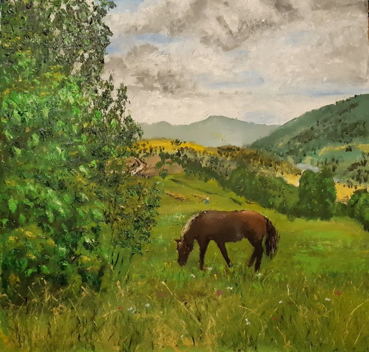 Painting titled "На горном пастбище" by Oleg Mankovskii, Original Artwork, Oil