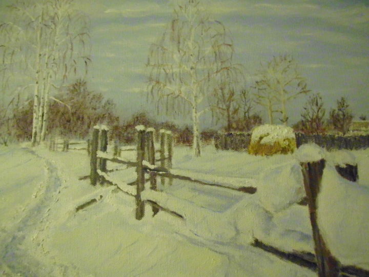 Painting titled "Зимнее утро в дерев…" by Oleg Mankovskii, Original Artwork, Oil