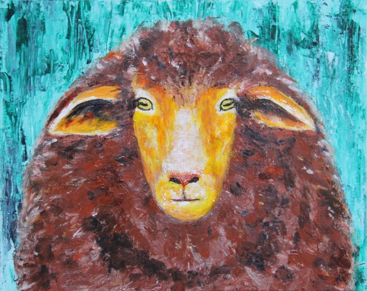 Schilderij getiteld "Lonely Sheep" door Mandy Leung, Origineel Kunstwerk, Olie