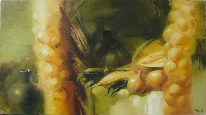 Painting titled "Натюрморт с кукуруз…" by Prokhor Garasiuta, Original Artwork, Oil Mounted on Wood Stretcher frame