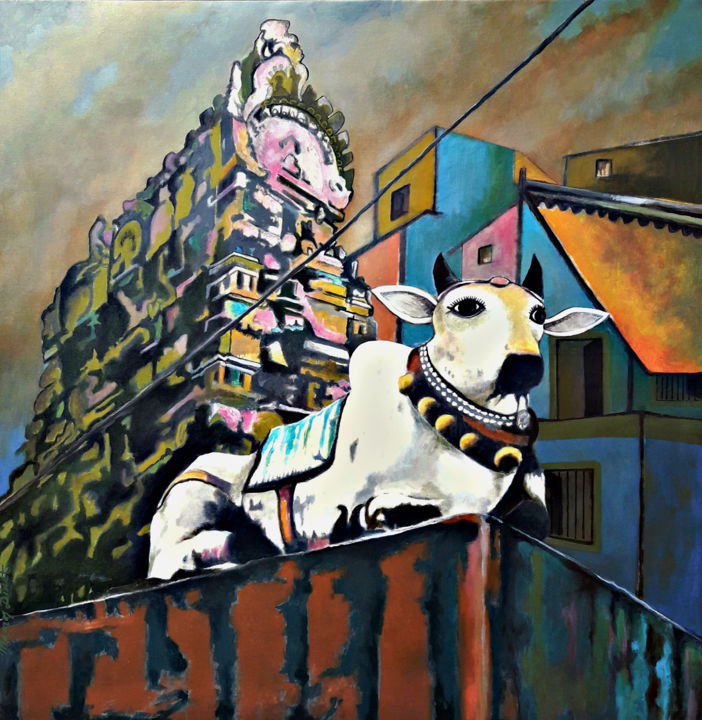 Schilderij getiteld "TEMPLE BULL" door Manoj Dixit, Origineel Kunstwerk, Acryl