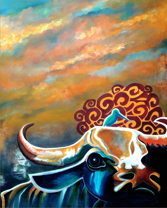 Schilderij getiteld "THE BUFFALO AND HIS…" door Manoj Dixit, Origineel Kunstwerk, Acryl